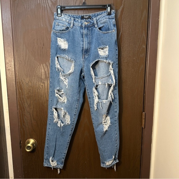 Missguided Womens Jeans 2 Petite Blue Mom Tapered High Waist Ripped Denim Pants - Picture 2 of 4
